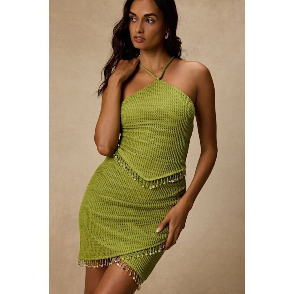 Lulus Prima Lime Knit Beaded Lace-up Mini Dress Green - Size M - Picture 1 of 1